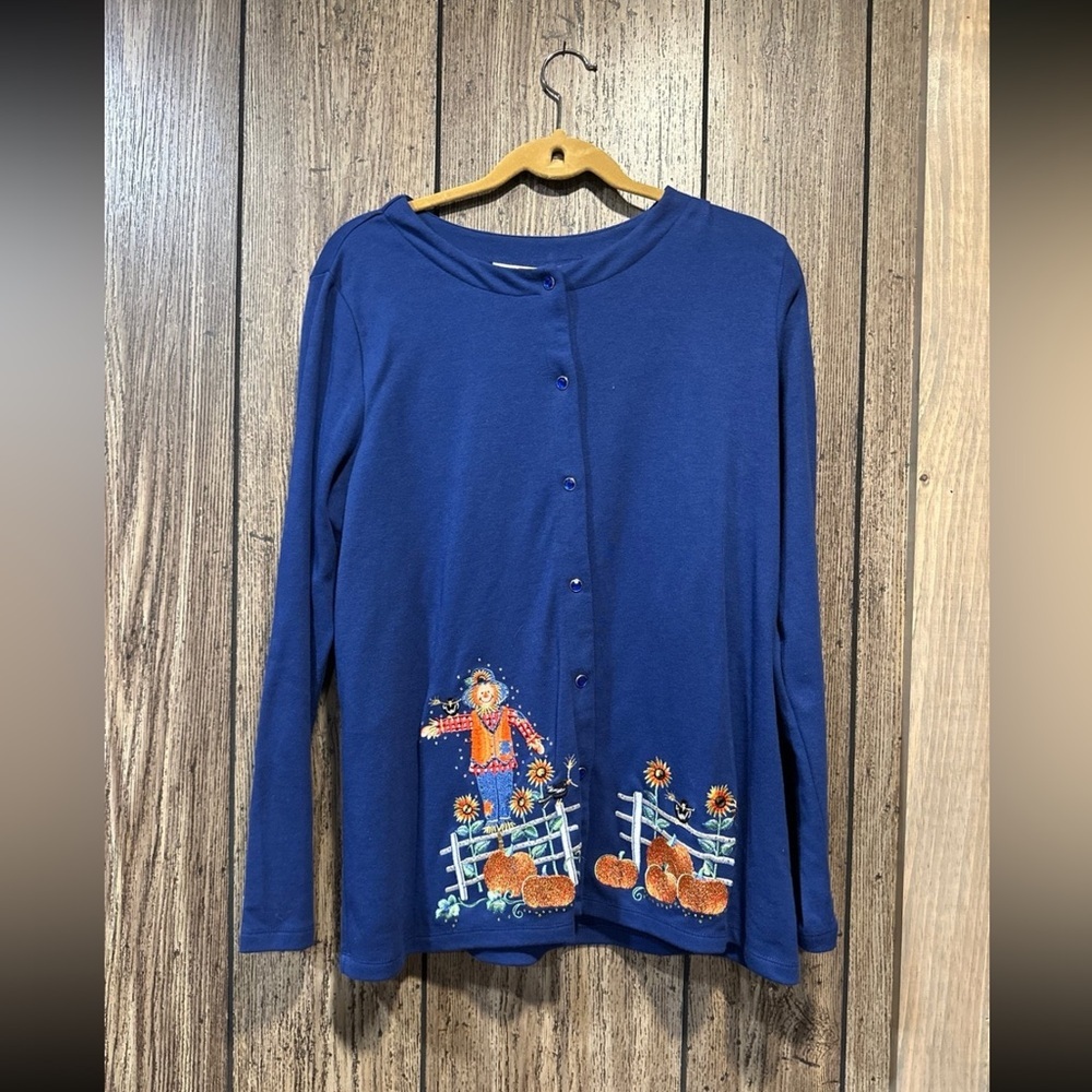 Quacker Factory Snap Button Front Knit Cardigan with Fall Motif